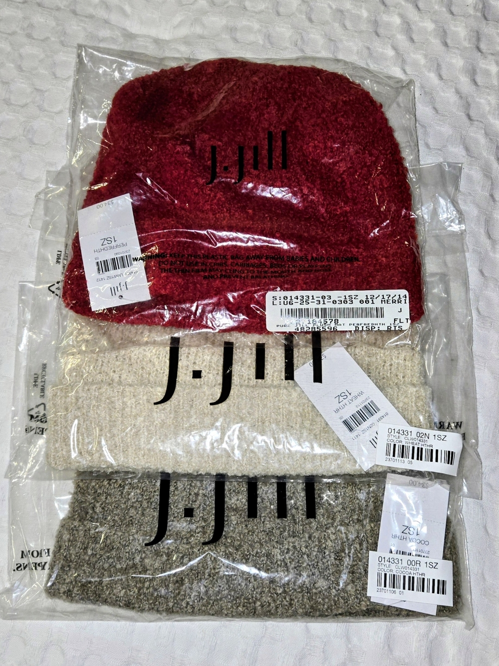 J. Jill Red, Beige And Cocoa Knit Hat Trio (3) Wool Blend